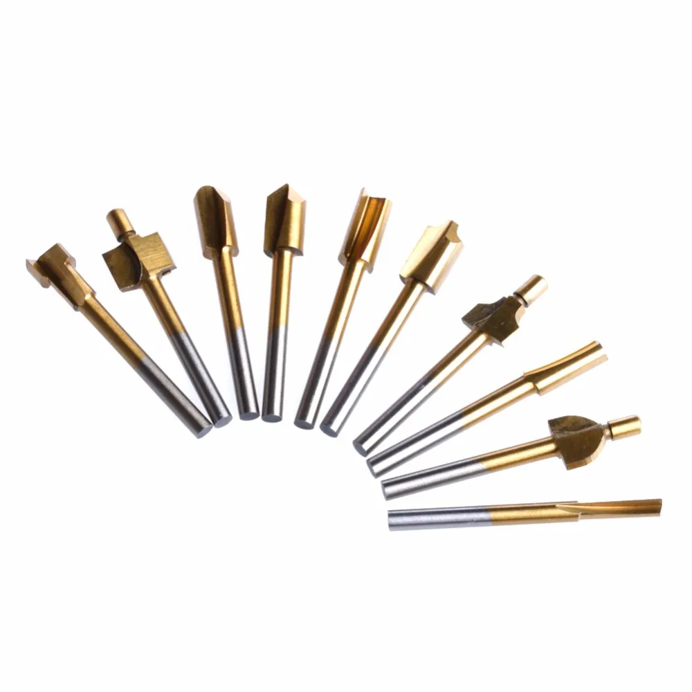 

10Pcs Titanium Mini Hss Router Bits Trimmer Shank 1/8" 3mm Fr Rotary Tool