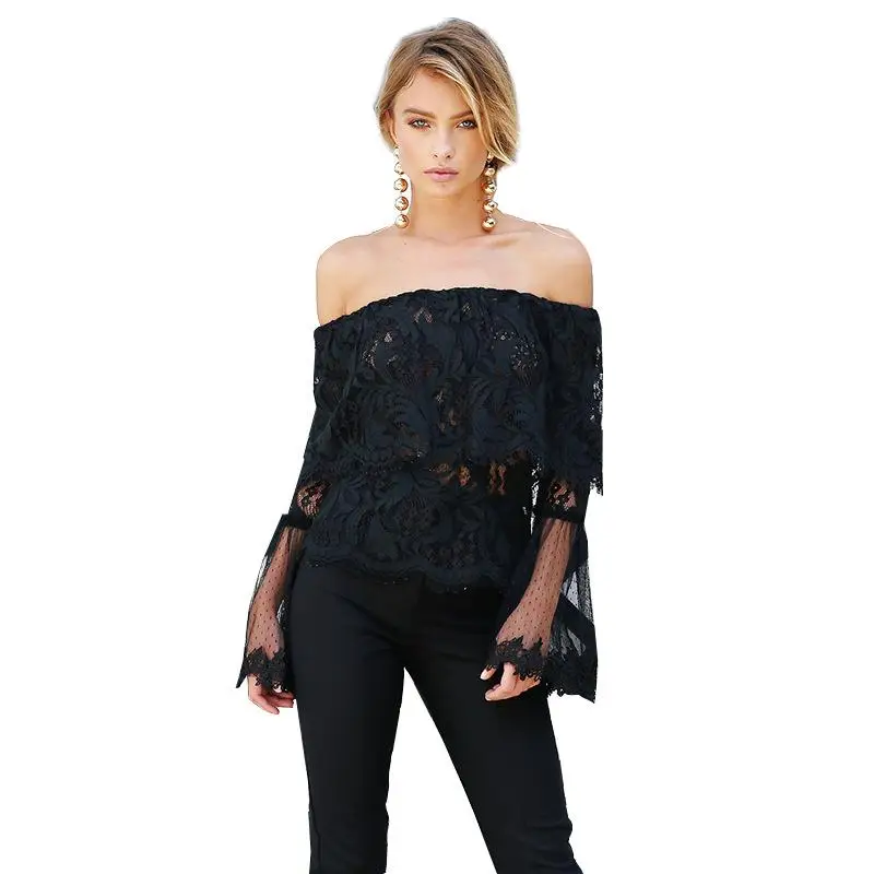 Women Blouse Summer Off Shoulder Sexy See Through Black Blouses Hollow Out Blouses Loose Lace Shirts Party Club Blouse LJ9551X