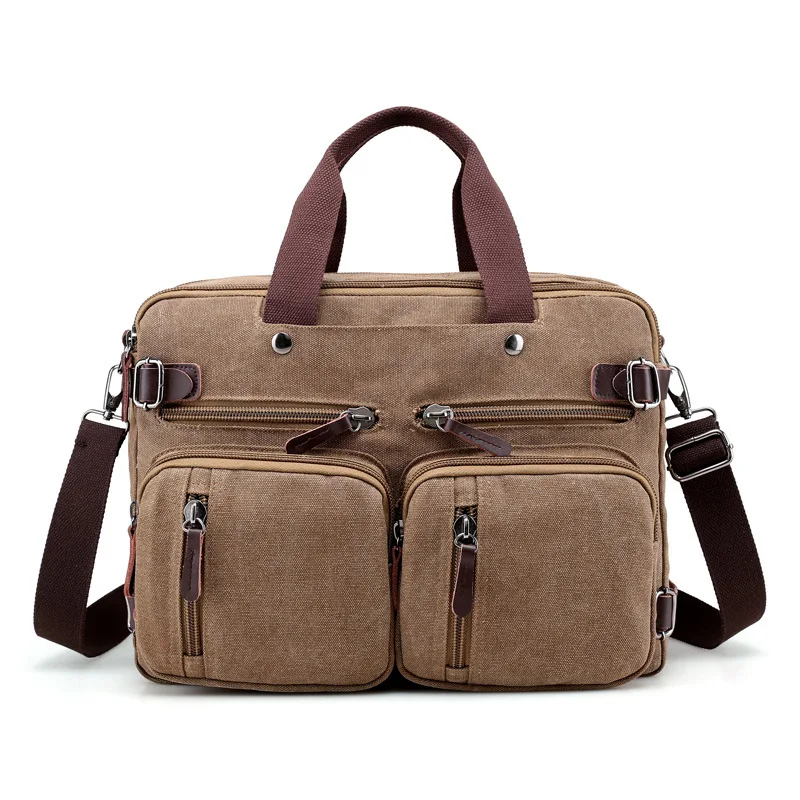 Мужской брезентовый портфель, винтажная сумка, большая мужская повседневная сумка-мессенджер на плечо, многофункциональная деловая сумка для ноутбука, дорожная сумка - Цвет: Коричневый