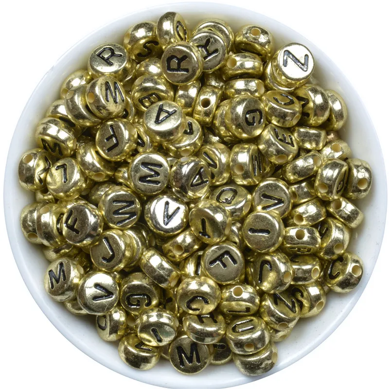 

200pcs/lot 7mm Handmade Round Gold Alphabet/Letter Acrylic Beads for DIY Bracelet Necklace Random letter Gift