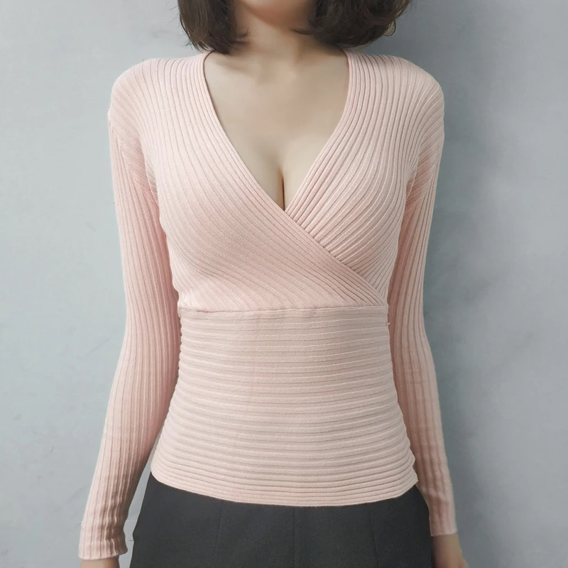Женские сексуальные вязаные тянущиеся пуловеры с v-образным вырезом и длинным рукавом, свитера для девочек, вязаный однотонный вязаный свитер, Топ для женщин - Цвет: pink