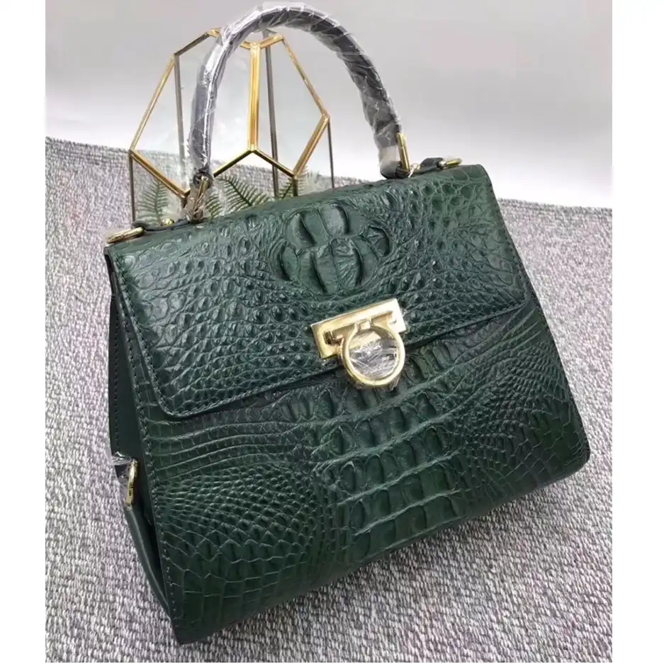 Fashion Designer Genuine Crocodile Leather Women S Dark Green Purse Exotic Alligator Skin Metal Hardware Female Medium Handbag