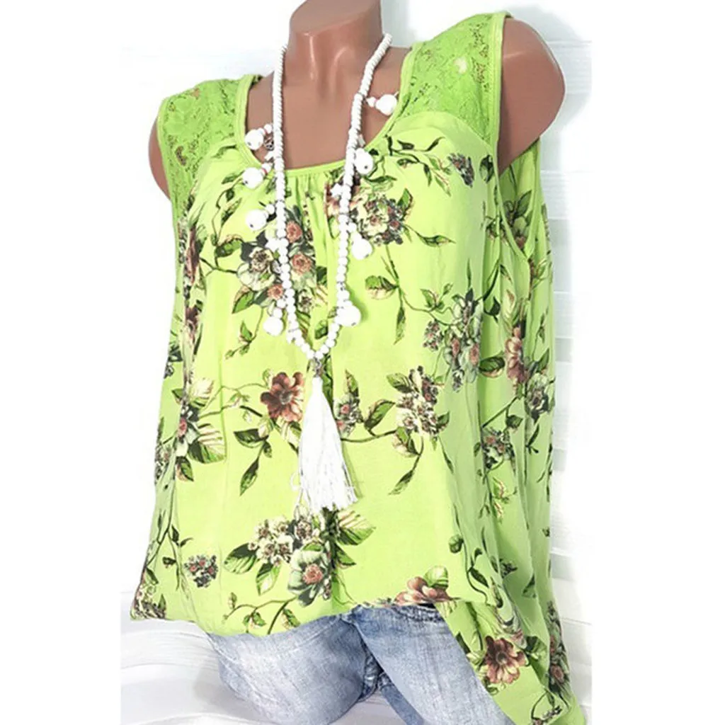 

Blouses Woman 2019 Womens Plus Size Printing Lace Splicing Sleeveless Vest Blouse Loose Tops blusas femininas de ver o 2019