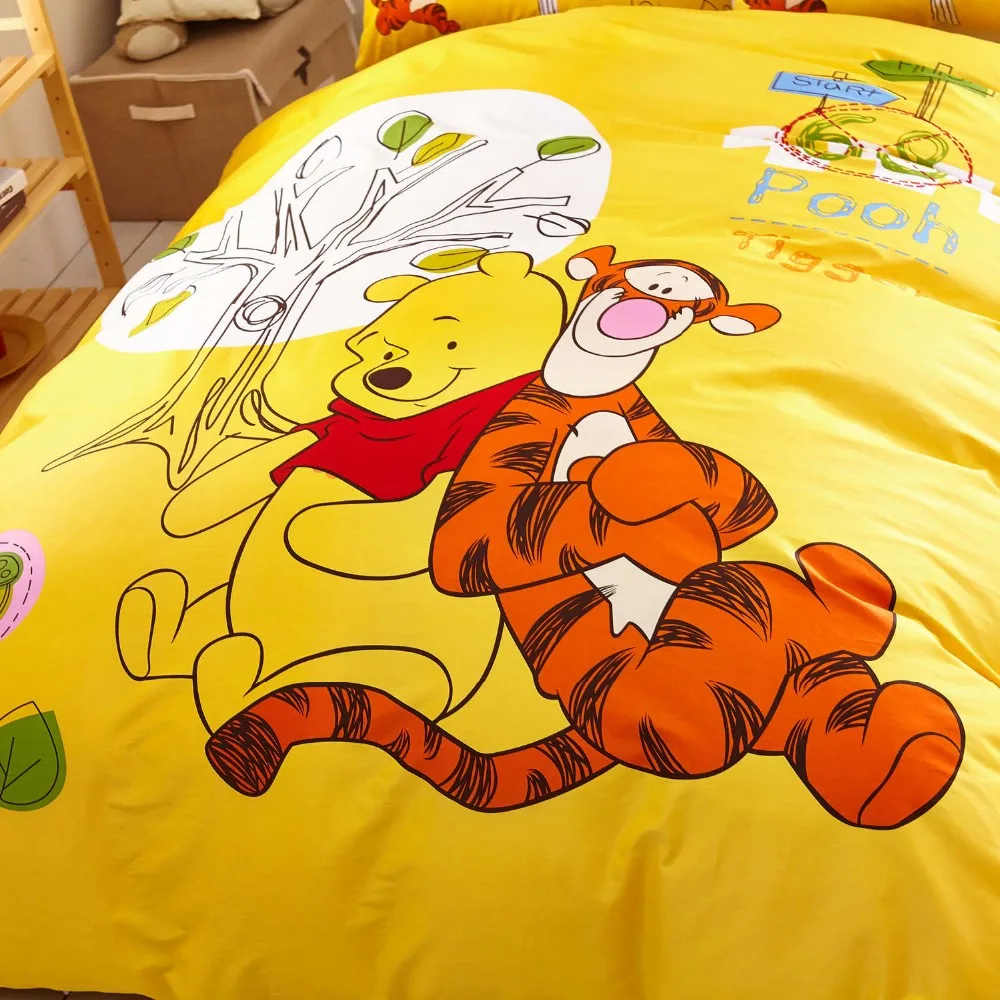 Комплект постельного белья с изображением Винни-Пуха из мультфильма Дисней для детской спальни, Хлопковый чехол на кровать, покрывало, наволочка, чехол