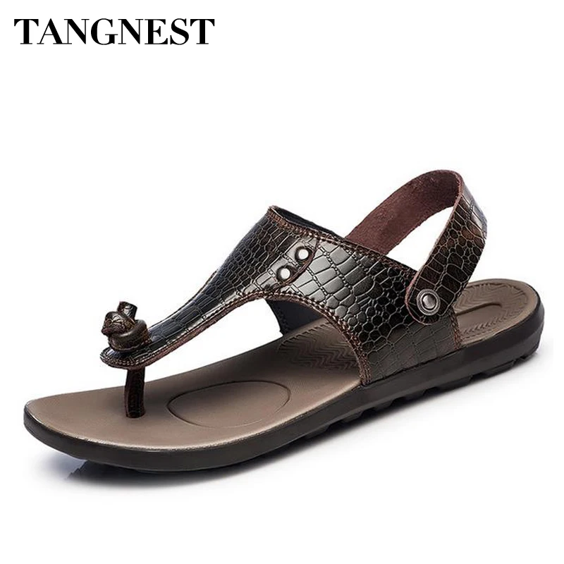

Tangnest 2017 Genuine Leather Man Sandals Summer Fashion Beach Casual Man Flip Flops Leisure Men Slipper Over Size 5.5~11 XMT239