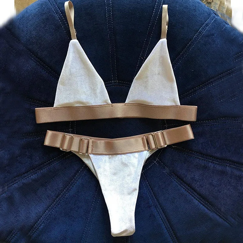 White Velvet With Gold Belt Metal Button Micro Bikini Biqunis 2019