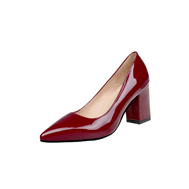 New Women Pumps Black High heels 7.5cm Lady Patent leather Thick with Autumn Pointed Single Shoes Female Sandals Big 33-43 - Цвет: Wine Red