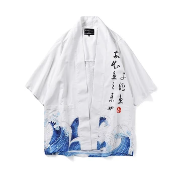 

2019 Hip-hop Kimono Cardigan Men Japanese Style Kimono Shirt with Pocket Trench Coat Koi Fish Print Loose Fit Polyester Tops