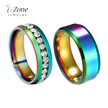 

UZone Classic Rainbow Colorful Ring For Women Men 8mm Titanium Steel Crystal Wedding Bands Size 5-13