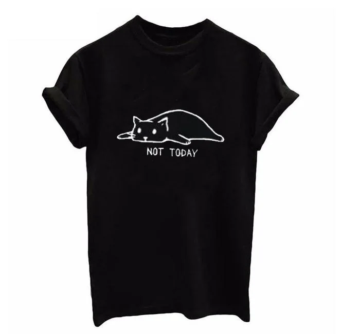 

4XL NOT TODAY Cat Print Tshirt Women Casual Funny T Shirt Harajuku Lady Girl Cute Top Tee Hipster Women's Clothing Black White