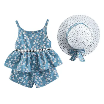 

Toddler Baby Kids Girls Floral Fruit Strap Tops Shorts Outfits Hat Casual Set 12M-4Y 3PC Summer Cute Clothes Set 40MY09