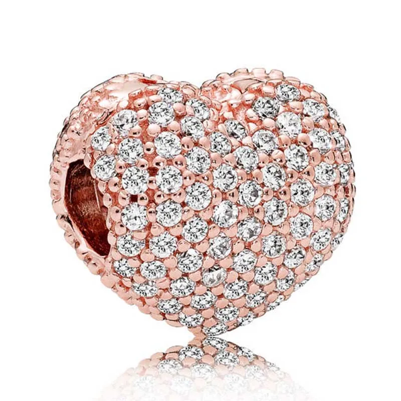 

New 925 Sterling Silver Bead Charm Rose Gold Pave Open My Heart Clip Lock Stopper Beads Fit Pandora Bracelet Bangle Diy Jewelry