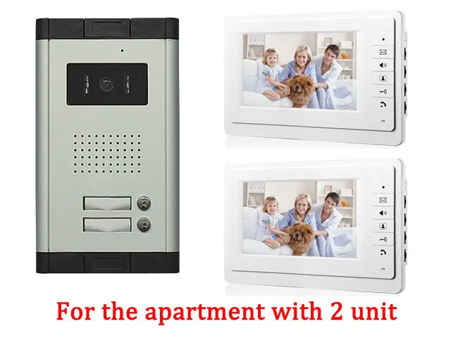 

New 7" Video Intercom Apartment Door Phone System 2 White Monitors 1 HD Camera for 2 Household 2 Unit Apartment Intercom