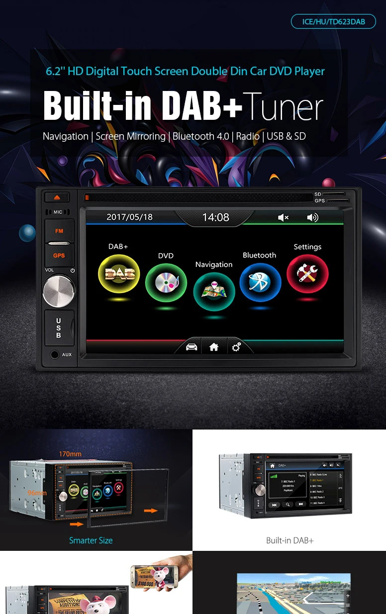 Top 6.2" Touch Screen Two Din Car Radio 2 Din Car DVD Double Din Car Navigation GPS with Moveable Icons & Professional DAB+ Antenna 1
