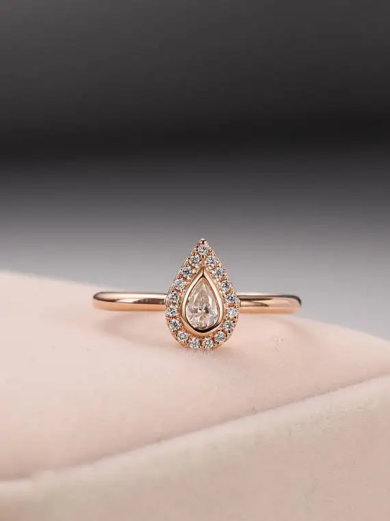 

MYRAY Moissanite Ring Solid 14k Rose Gold Pear Shaped Cut Moissanite Engagement Wedding Ring Diamond Halo Bridal Anniversary Set