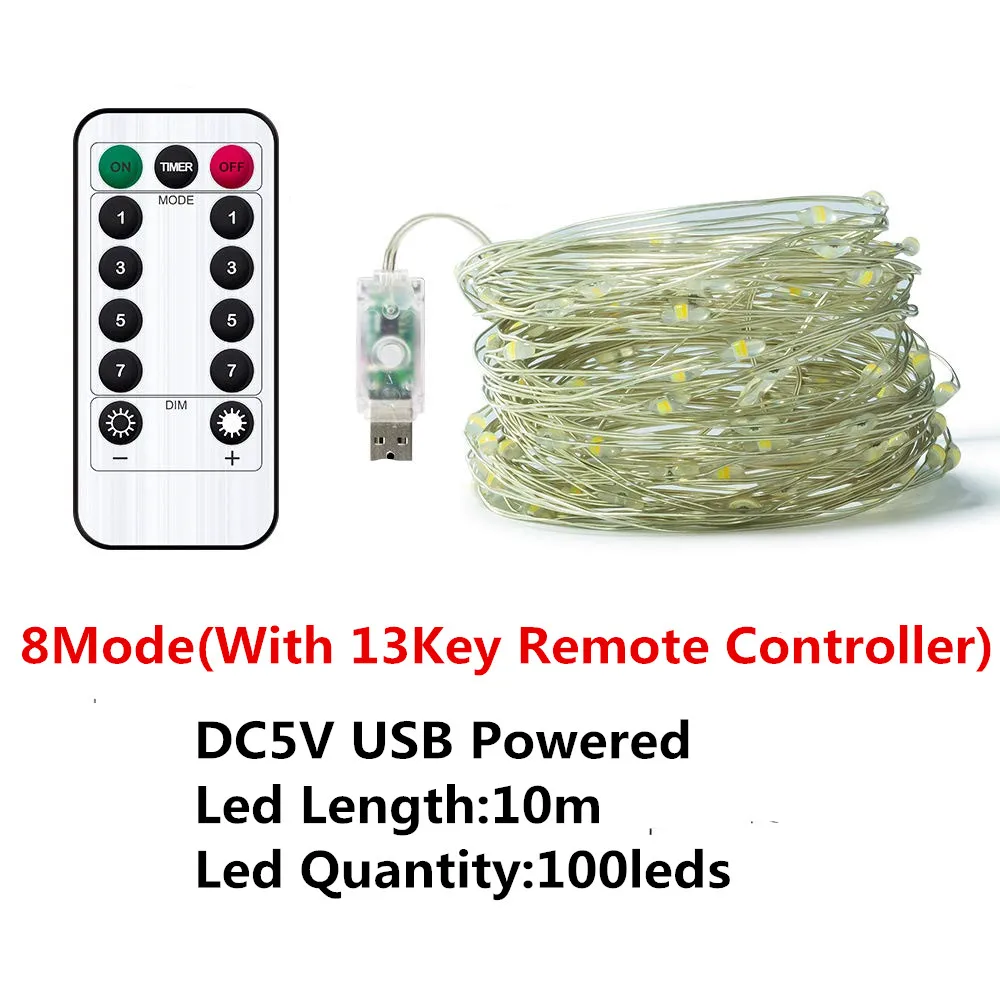 USB 8 Modes 10M 100 LED String Light Christmas Waterproof Copper Wire LED String Fairy Light Battery Powered Remote Control - Испускаемый цвет: 8Mode10m(with 13key)