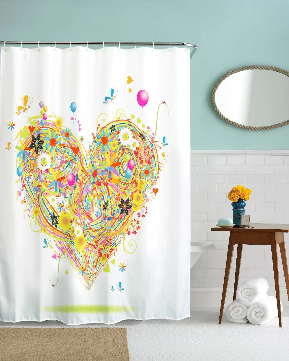 Colorful Love Heart Shower Curtain Waterproof Polyester Bathroom Bath