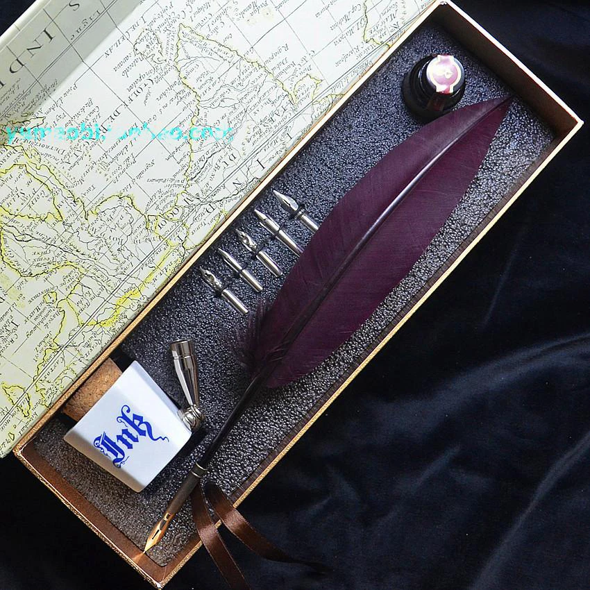 Hot Sale Natural Feather Fountain Vintage Pen with Gift Box 5 Nibs 1