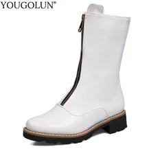 Женские сапоги до середины икры на низком каблуке; сезон весна-осень; элегантные женские сапоги на квадратном каблуке; цвет черный, белый; обувь на молнии спереди с круглым носком