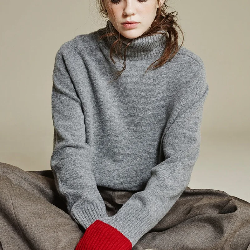 

Contrast Color Sweater Women Knitted Sweater Autumn Winter Loose Wool Blends Patchwork Knit Sweaters
