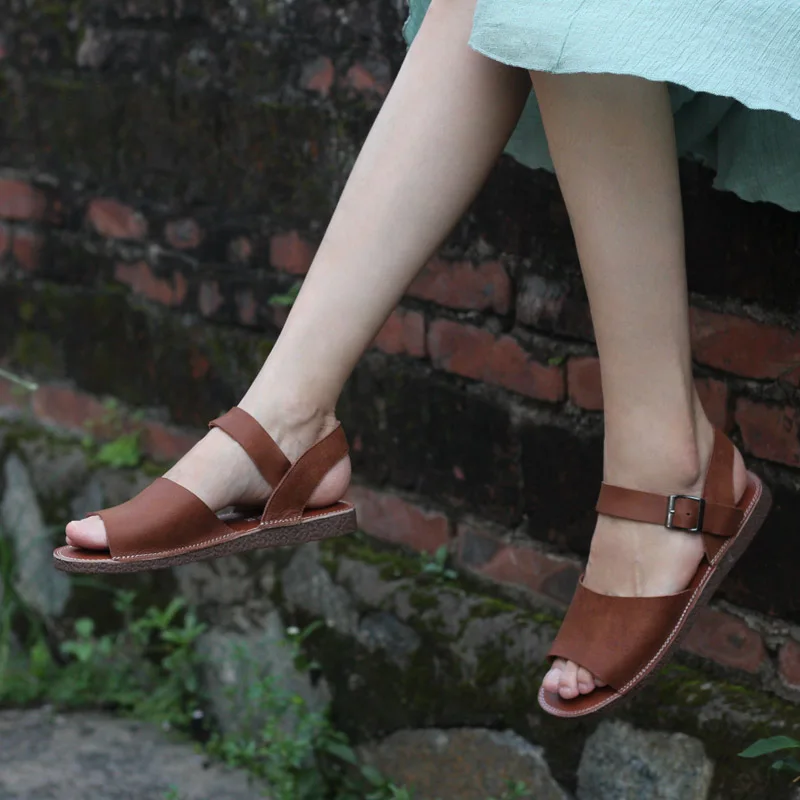 Careaymade-Head Layer Cowskin Sandals Summer Handmade Dermis Fishmouth Retro Women's Literary Shoes Women's Flat-soled Shoes