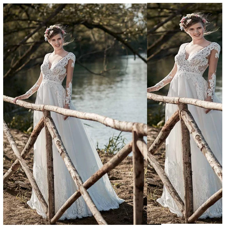 

LORIE Boho Long Sleeves Wedding Dress 2019 Robe de mariee Vintage Lace V Neck New Bridal Dress Chiffon Wedding Gowns