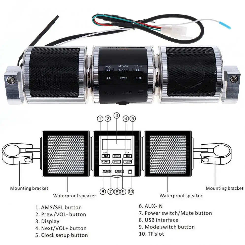 Waterproof Bluetooth-compatible Motorcycle Stereo Speaker Music Player for Motorbike FM Radio MP3/USB/Earphone Interfaces
