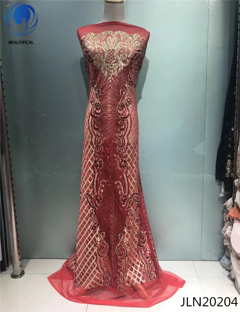 

BEAUTIFICAL Red lace fabric african net lace with sequins embroidery fabric Fashion design french tulle lace for women JLN202