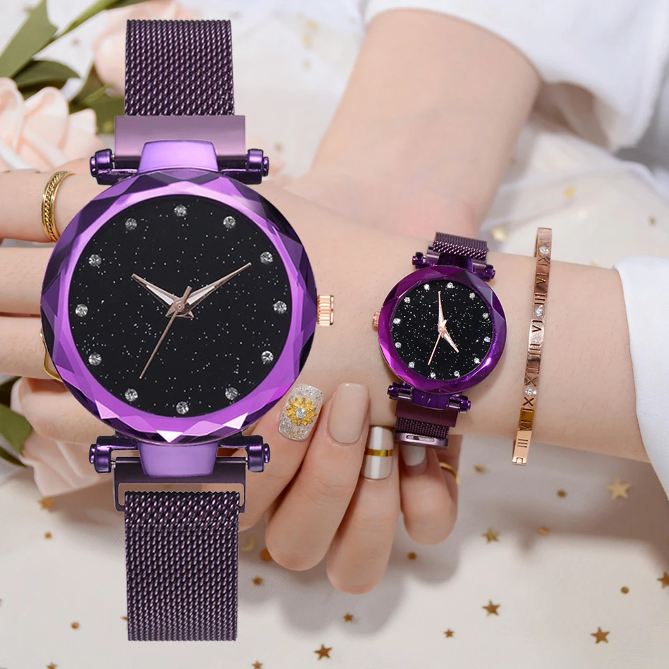 

Luxury Women Watches Mesh Ladies Clock Magnet Buckle Starry Diamond Geometric Surface Casual Dress Quartz Wristwatch