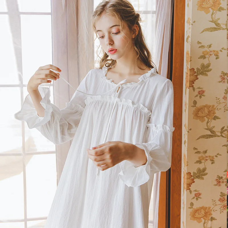 

Sexy Slash Lace Up Sleep Wear Night Dress Vintage Nightgown Long Sleeve Nightdress White Cotton Sleepwear Women Nightshirt
