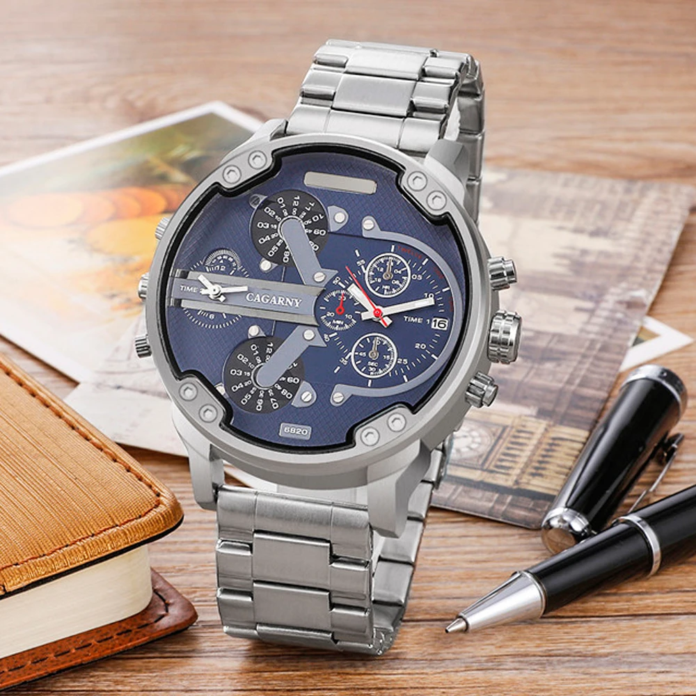 very cool dz 7314 7313 7333 7371 big case mens watches full steel band dual time zones miltiary watch men quartz wrist watch free shhipping (88)