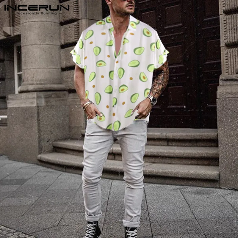 INCERUN Летняя мужская рубашка с принтом авокадо, короткий рукав, воротник с отворотом, повседневные топы, пляжные Гавайские рубашки, Мужская Уличная одежда, Camisa 5XL