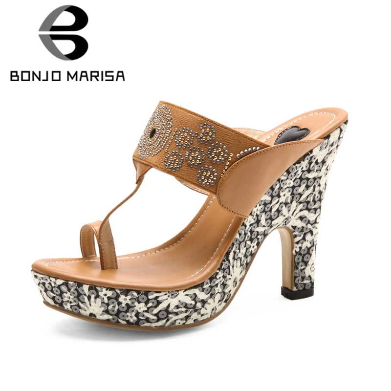 

BONJOMARISA 2020 New Retro t-strap Plaform Mules Women Summer High Heels Cow Leather Slippers Women Party Shoes Woman
