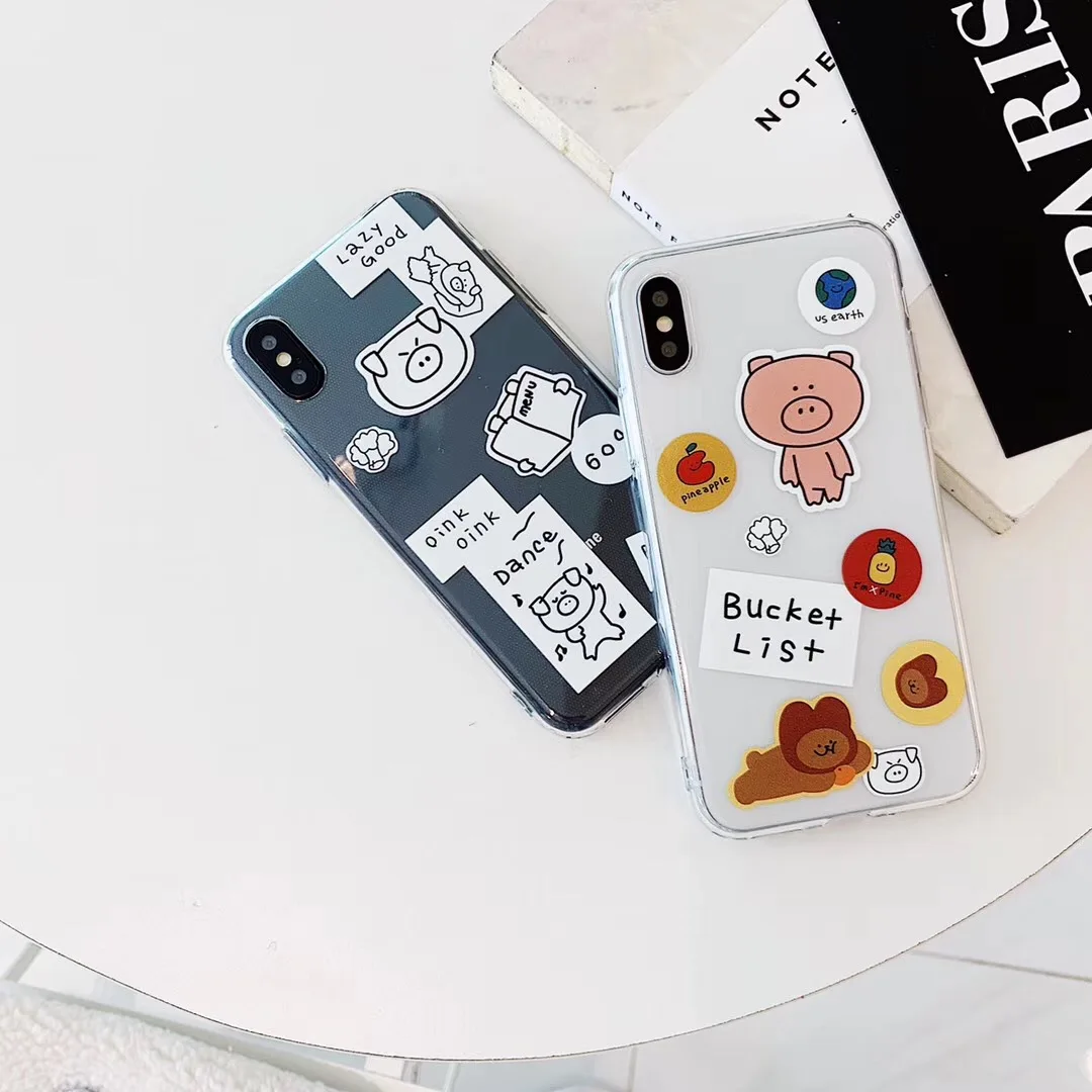 

Ins tag cute cartoon Text animal pig phone case For iPhone Xs MAX Xr X 6 6s 7 8 plus transparent spft TPU bear back cover Fundas