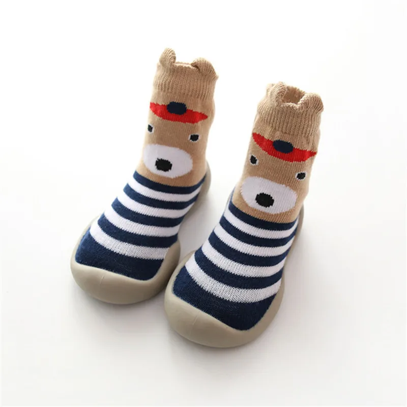 Детские домашние носки для малышей Нескользящие теплые зимние носки с резиновой подошвой для маленьких мальчиков и девочек, тапочки для первой прогулки в полоску и горох