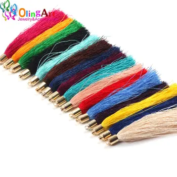 

OlingArt 75mm 6pcs Golden cap color mixing nylon silk tassels DIY Necklace Earrings Jewelry with keychain Charm Pendant 2019