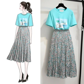 

Womens Casual 2 piece Sets 2019 Woman Clothes Two Piece Skits Sets Beach Outfit Cotton Back Hollow T shirt and Retro Print Skirt