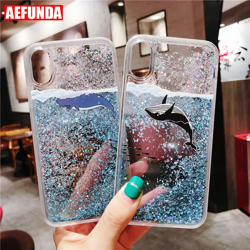 

Fashion Dynamic Liquid Quicksand Phone Case For iPhone X XS Max XR 8 7 6 6S Plus Coque Cute Ocean Dolphin Clear Silicone Cover