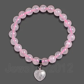 

5PCS/Lot 8mm Natural Rose Queart z Gem stone Heart Bracelet Healing Chakra 7.5". Beads Bracelet Handmade Wholesale