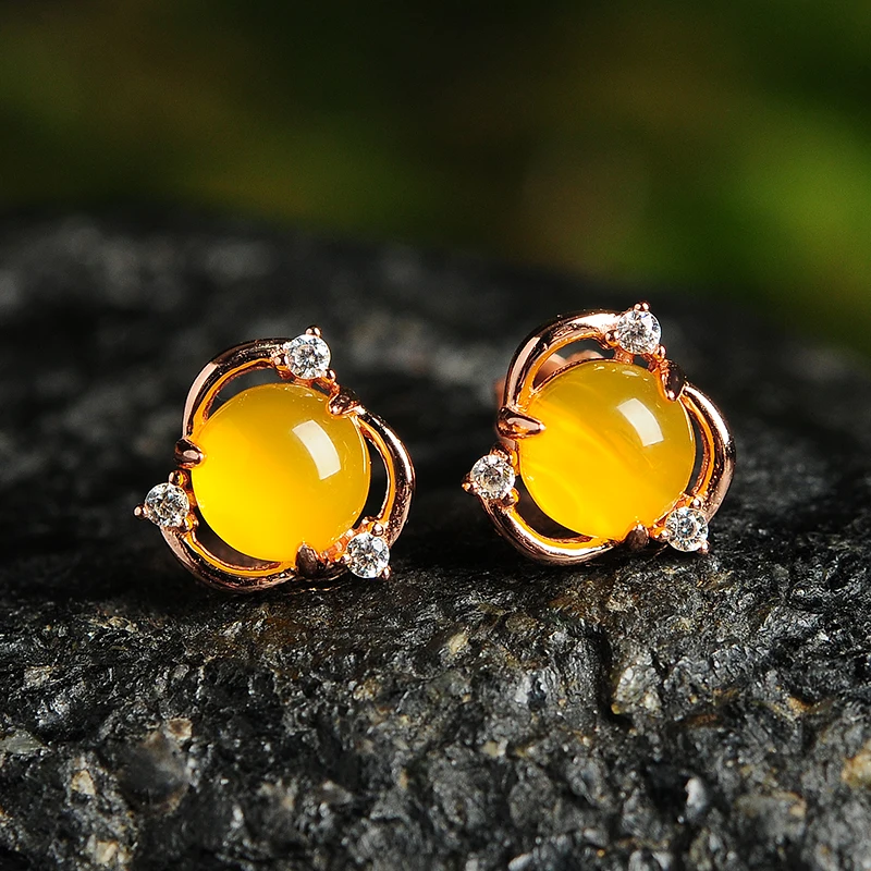 

925 silver inlaid natural chalcedony egg face earrings Original flower earrings women's fashion earrings with certificate