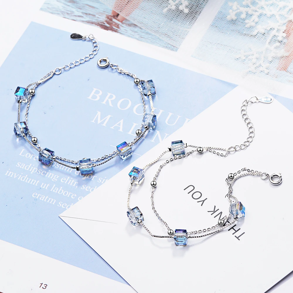

Simple Double Layer Square Candy Cube Blue Crystal Bracelet For Women 925 Sterling Silver Hand Jewelry Gift S-B222