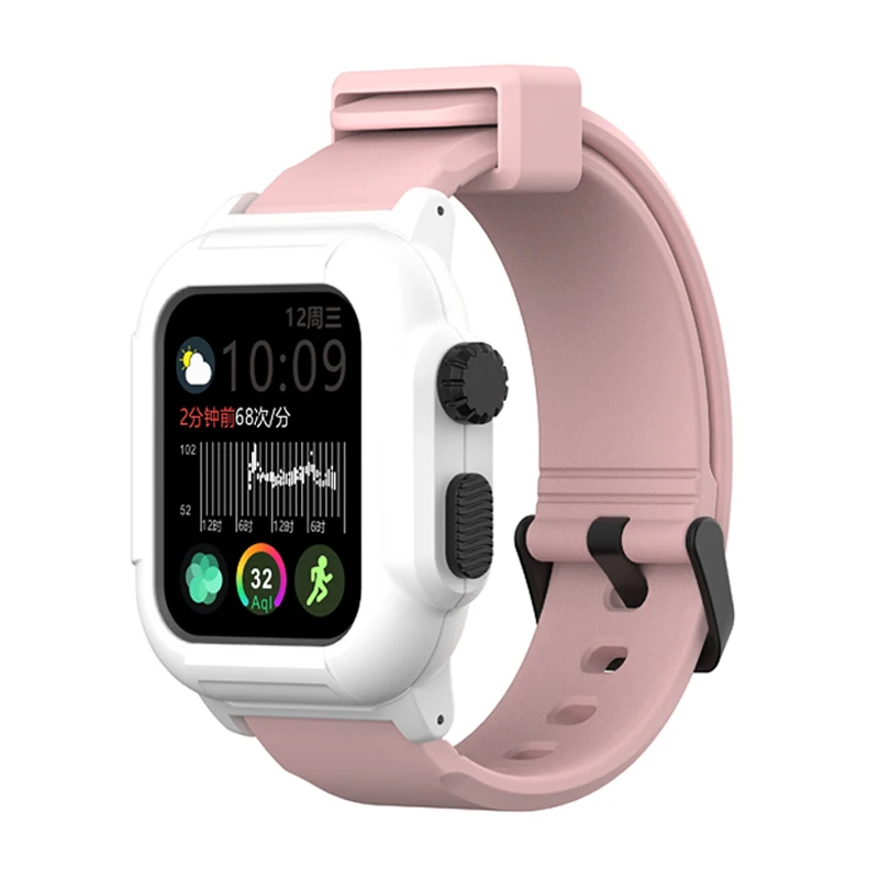 Спортивный водонепроницаемый мягкий чехол для Apple Watch Case Series 5 4 с силиконовой лентой 44 мм 40 мм ударопрочный ремешок - Цвет ремешка: White Pink band