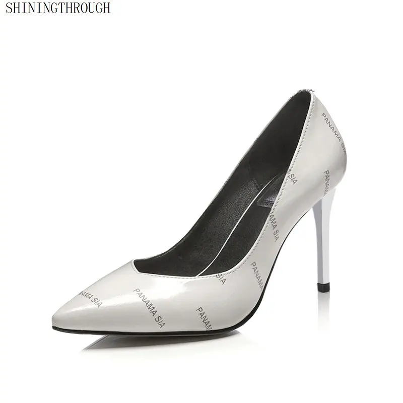 

Super high heels women pumps genuine leather ladies dress shoes woman printing letter women shoes large size 42