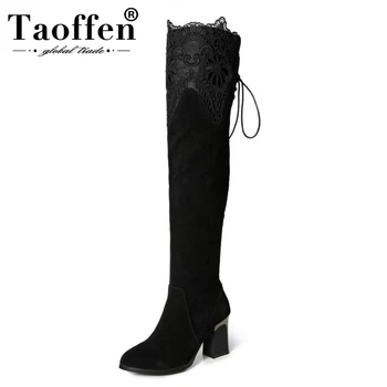 

TAOFFEN Women Genuine Real Leather Over The Knee Boots Winter Boots Sexy High Heel Round Toe Zipper Women Boots Shoes Size 33-42
