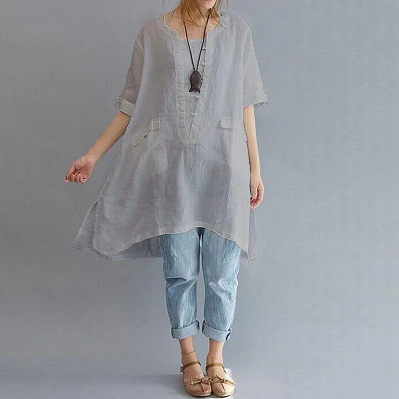 Женская хлопковая льняная Блузка Boho Свободная Повседневная футболка Асимметричные ярусные Топы