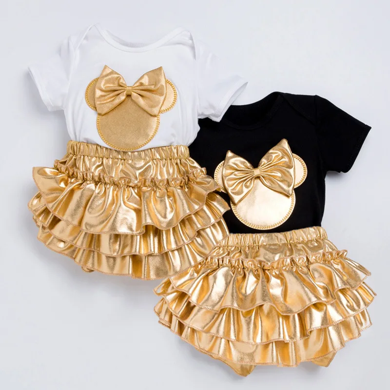 

New Golden Bow Short Sleeve Romper Two Piece Set Girls Fashion Kids Dance Party Birthday Costume Kids Summer Boutique Clothing