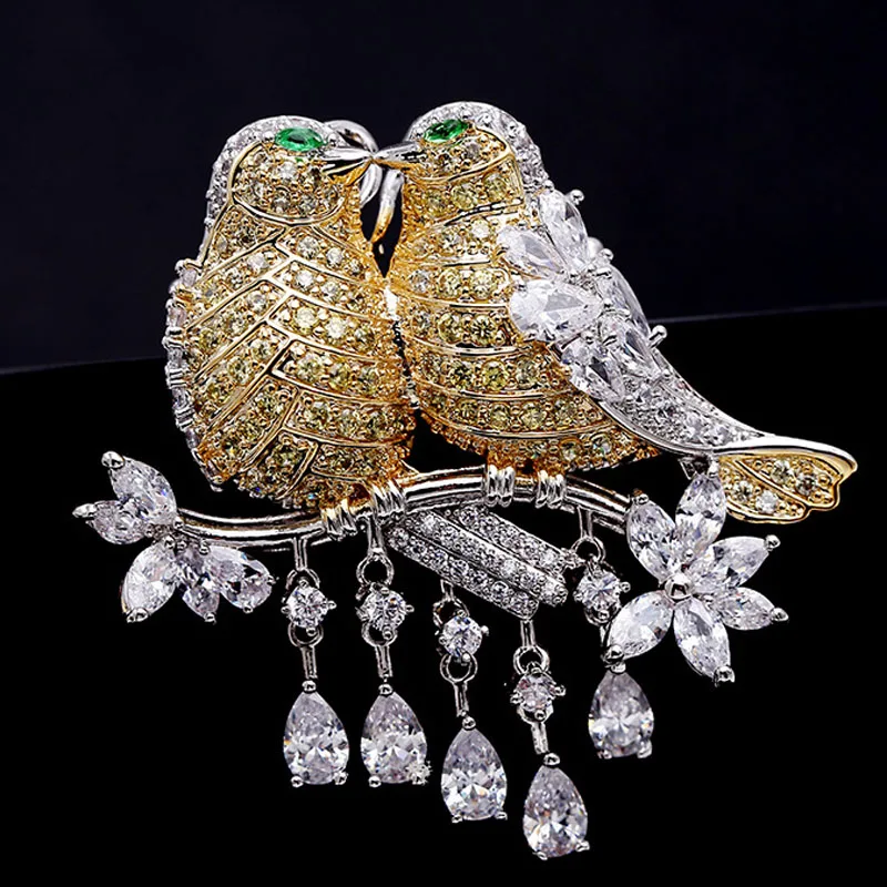 Luxury Brand Cubic Zircon Two Birds brooch For Men's New year gifts