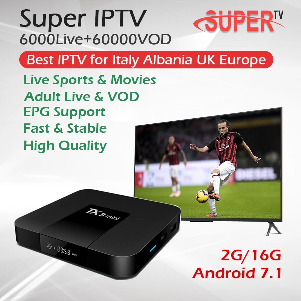 

TX3mini Android TV Box 2G/16G Italy IPTV UK Germany Belgium Albania IPTV Subscription Mediaset Premium Hotclub DAZN Set Top Box