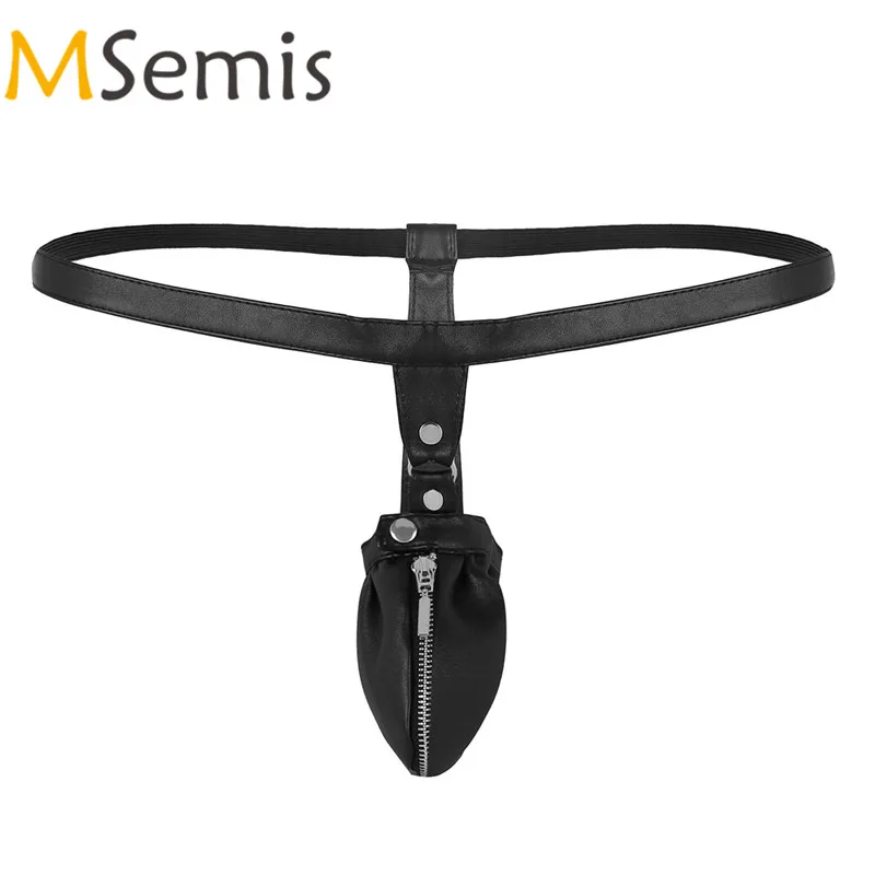 

Swimwear Men Sexy Lingerie Leather Thong Bikini Briefs Pouch with Zipper Low Waist Mesh Jockstrap Open Back G-string Underwear