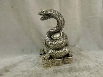 

6" China silver finely beautiful carved lucky wealth snake Statue